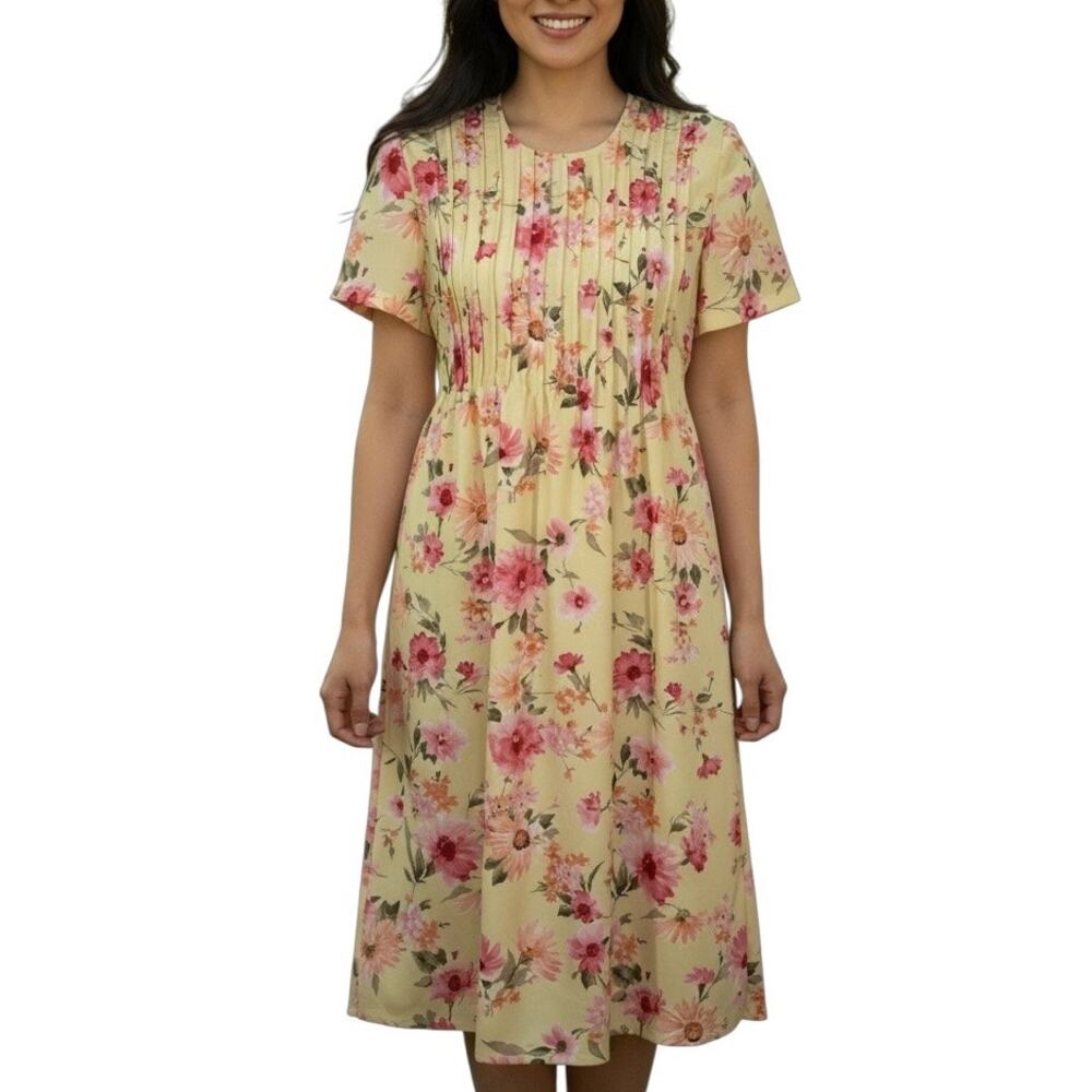 Vintage Floral Midi Dress 10P | Cottagecore Yellow Garden Party Belted
